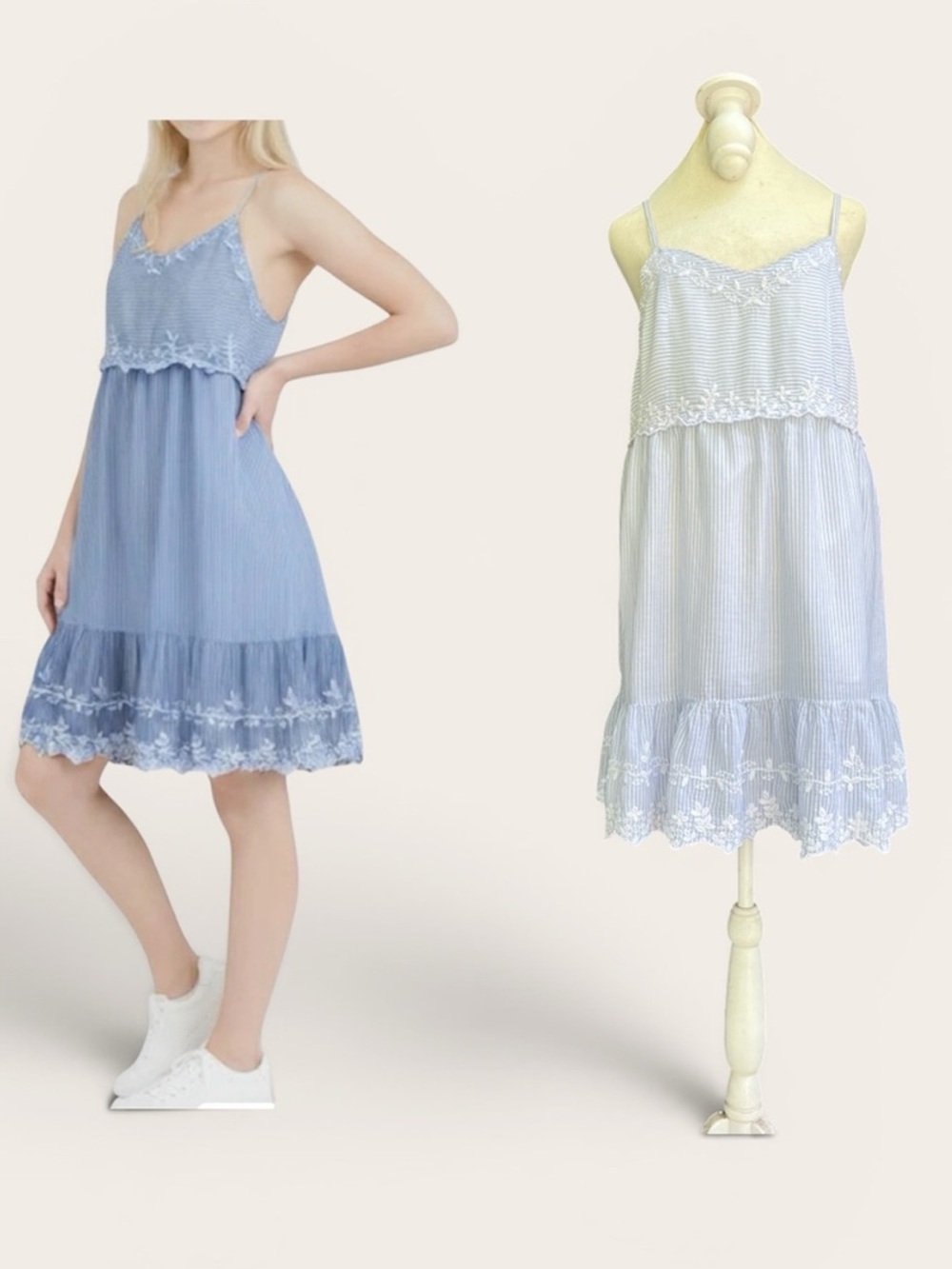 Joie Soft Blue Laced Striped Smocked Mini Dress/Tunic in White/Blue Size L